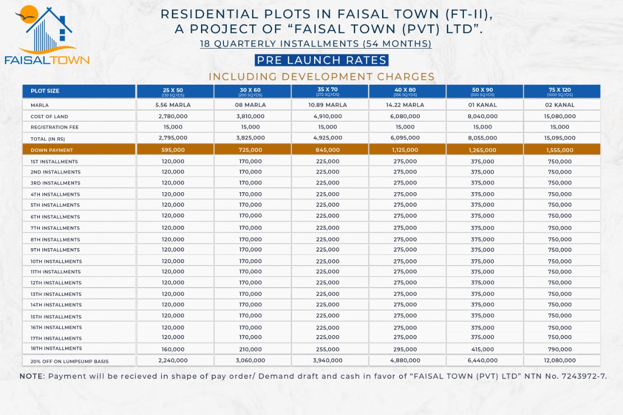 Faisal Town Phase 2  Islamabad Rawalpindi Payment Plan